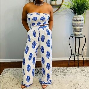 White & Blue Floral Strapless Wide-Leg Jumpsuit